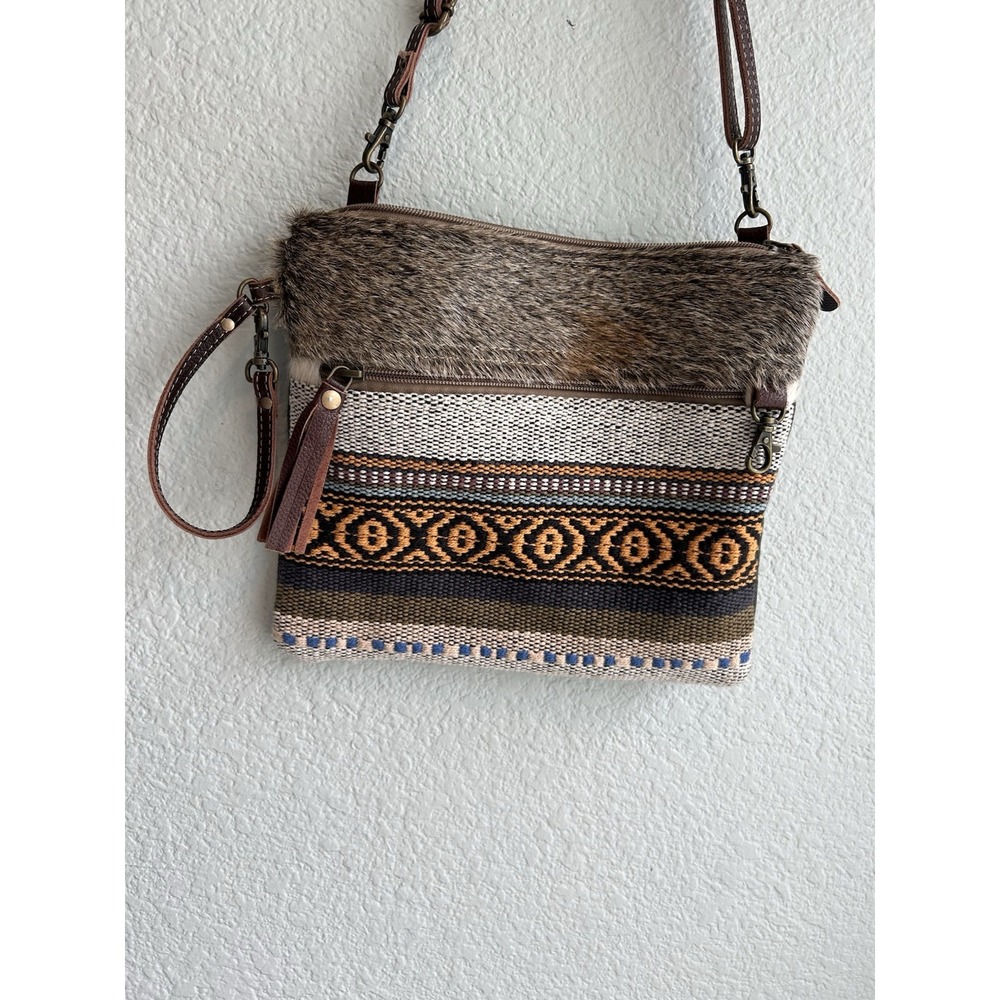 Myra Bag Southwestern Native American Neutral UpcycledCotton Cowhide Leather